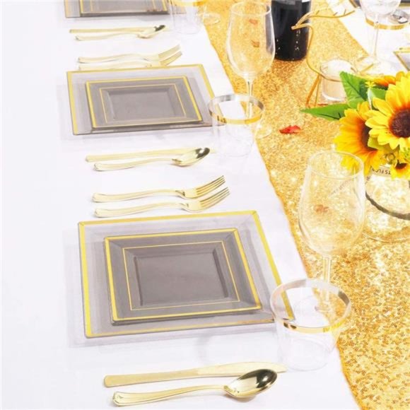 150 PCS Clear Black Plastic Plates, Disposable Silverware and Cups - Picture 5 of 6